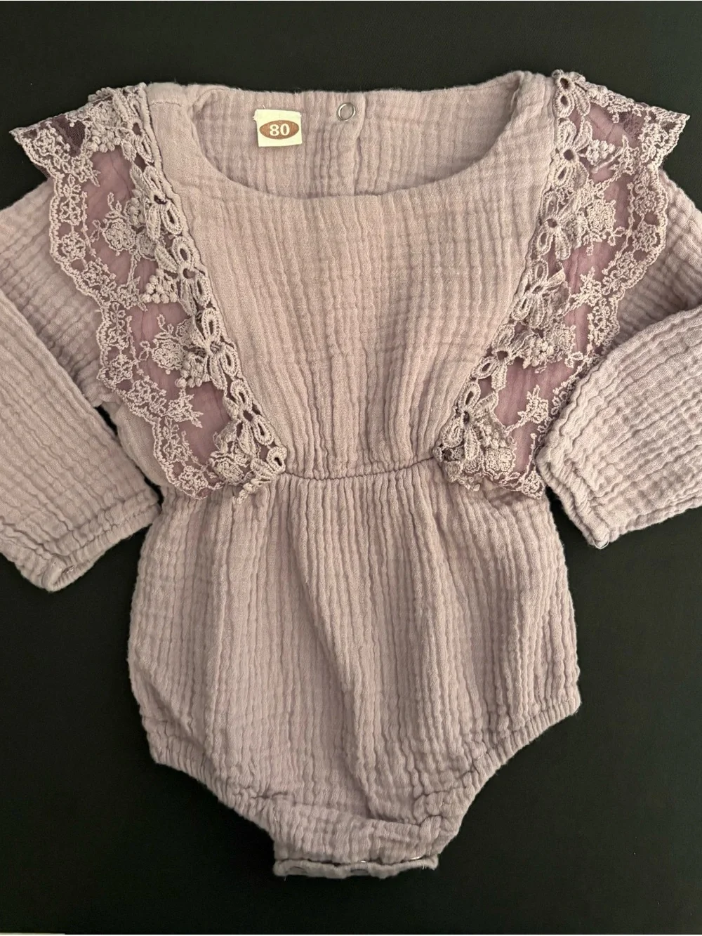 Soft Lavender Lace-Trim Long-Sleeve Baby One-Piece